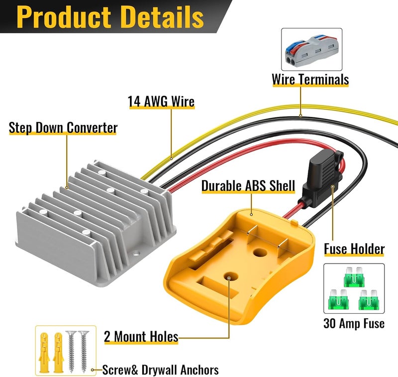 Azocek 2 Pack 20V to 12V Step Down Converter Compatible with DeWalt 20V Power Wheel Battery Adapter, DC 12V 20A 240W Buck Converter Regulator 30A Fuse & Wire Terminal - Image 2